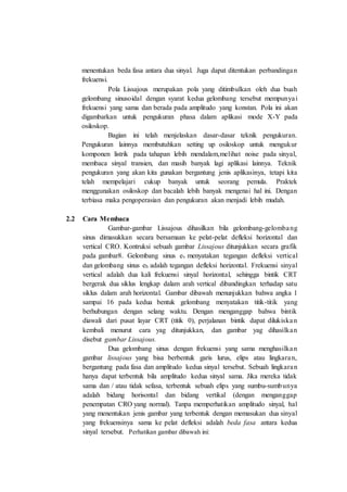 menentukan beda fasa antara dua sinyal. Juga dapat ditentukan perbandingan
frekuensi.
Pola Lissajous merupakan pola yang ditimbulkan oleh dua buah
gelombang sinusoidal dengan syarat kedua gelombang tersebut mempunyai
frekuensi yang sama dan berada pada amplitudo yang konstan. Pola ini akan
digambarkan untuk pengukuran phasa dalam aplikasi mode X-Y pada
osiloskop.
Bagian ini telah menjelaskan dasar-dasar teknik pengukuran.
Pengukuran lainnya membutuhkan setting up osiloskop untuk mengukur
komponen listrik pada tahapan lebih mendalam,melihat noise pada sinyal,
membaca sinyal transien, dan masih banyak lagi aplikasi lainnya. Teknik
pengukuran yang akan kita gunakan bergantung jenis aplikasinya, tetapi kita
telah mempelajari cukup banyak untuk seorang pemula. Praktek
menggunakan osiloskop dan bacalah lebih banyak mengenai hal ini. Dengan
terbiasa maka pengoperasian dan pengukuran akan menjadi lebih mudah.
2.2 Cara Membaca
Gambar-gambar Lissajous dihasilkan bila gelombang-gelombang
sinus dimasukkan secara bersamaan ke pelat-pelat defleksi horizontal dan
vertical CRO. Kontruksi sebuah gambar Lissajous ditunjukkan secara grafik
pada gambar8. Gelombang sinus ev menyatakan tegangan defleksi vertical
dan gelombang sinus eh adalah tegangan defleksi horizontal. Frekuensi sinyal
vertical adalah dua kali frekuensi sinyal horizontal, sehingga bintik CRT
bergerak dua siklus lengkap dalam arah vertical dibandingkan terhadap satu
siklus dalam arah horizontal. Gambar dibawah menunjukkan bahwa angka 1
sampai 16 pada kedua bentuk gelombang menyatakan titik-titik yang
berhubungan dengan selang waktu. Dengan menganggap bahwa bintik
diawali dari pusat layar CRT (titik 0), perjalanan bintik dapat dilukiskan
kembali menurut cara yag ditunjukkan, dan gambar yag dihasilkan
disebut gambar Lissajous.
Dua gelombang sinus dengan frekuensi yang sama menghasilkan
gambar lissajous yang bisa berbentuk garis lurus, elips atau lingkaran,
bergantung pada fasa dan amplitudo kedua sinyal tersebut. Sebuah lingkaran
hanya dapat terbentuk bila amplitudo kedua sinyal sama. Jika mereka tidak
sama dan / atau tidak sefasa, terbentuk sebuah elips yang sumbu-sumbunya
adalah bidang horisontal dan bidang vertikal (dengan menganggap
penempatan CRO yang normal). Tanpa memperhatikan amplitudo sinyal, hal
yang menentukan jenis gambar yang terbentuk dengan memasukan dua sinyal
yang frekuensinya sama ke pelat defleksi adalah beda fasa antara kedua
sinyal tersebut. Perhatikan gambar dibawah ini:
 