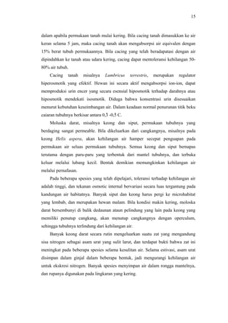 15

dalam apabila permukaan tanah mulai kering. Bila cacing tanah dimasukkan ke air
keran selama 5 jam, maka cacing tanah akan mengabsorpsi air equivalen dengan
15% berat tubuh permukaannya. Bila cacing yang telah beradapatasi dengan air
dipindahkan ke tanah atau udara kering, cacing dapat mentoleransi kehilangan 5080% air tubuh.
Cacing

tanah

misalnya

Lumbricus

terrestris,

merupakan

regulator

hiperosmotik yang efektif. Hewan ini secara aktif mengabsorpsi ion-ion, dapat
memproduksi urin encer yang secara esensial hiposmotik terhadap darahnya atau
hiposmotik mendekati isosmotik. Diduga bahwa konsentrasi urin disesuaikan
menurut kebutuhan keseimbangan air. Dalam keadaan normal penurunan titik beku
caiaran tubuhnya berkisar antara 0,3̊ -0,5̊ C.
Moluska darat, misalnya keong dan siput, permukaan tubuhnya yang
berdaging sangat permeable. Bila dikeluarkan dari cangkangnya, misalnya pada
keong Helix aspera, akan kehilangan air hamper secepat penguapan pada
permukaan air seluas permukaan tubuhnya. Semua keong dan siput bernapas
terutama dengan paru-paru yang terbentuk dari mantel tubuhnya, dan terbuka
keluar melalui lubang kecil. Bentuk demikian memungkinkan kehilangan air
melalui pernafasan.
Pada beberapa spesies yang telah dipelajari, toleransi terhadap kehilangan air
adalah tinggi, dan tekanan osmotic internal bervariasi secara luas tergantung pada
kandungan air habitatnya. Banyak siput dan keong harus pergi ke microhabitat
yang lembab, dan merupakan hewan malam. Bila kondisi makin kering, moloska
darat bersembunyi di balik dedaunan ataun pelindung yang lain pada keong yang
memiliki penutup cangkang, akan menutup cangkangnya dengan operculum,
sehingga tubuhnya terlindung dari kehilangan air.
Banyak keong darat secara rutin mengeluarkan suatu zat yang mengandung
sisa nitrogen sebagai asam urat yang sulit larut, dan terdapat bukti bahwa zat ini
meningkat pada beberapa spesies selama kesulitan air. Selama estivasi, asam urat
disimpan dalam ginjal dalam beberapa bentuk, jadi mengurangi kehilangan air
untuk ekskresi nitrogen. Banyak spesies menyimpan air dalam rongga mantelnya,
dan rupanya digunakan pada lingkaran yang kering.

 