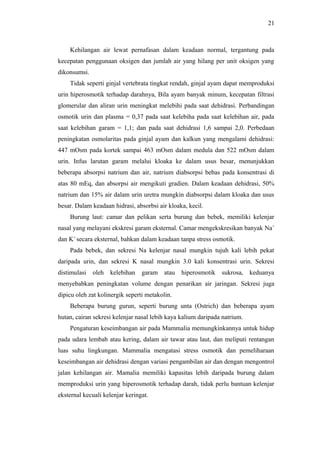 21

Kehilangan air lewat pernafasan dalam keadaan normal, tergantung pada
kecepatan penggunaan oksigen dan jumlah air yang hilang per unit oksigen yang
dikonsumsi.
Tidak seperti ginjal vertebrata tingkat rendah, ginjal ayam dapat memproduksi
urin hiperosmotik terhadap darahnya, Bila ayam banyak minum, kecepatan filtrasi
glomerular dan aliran urin meningkat melebihi pada saat dehidrasi. Perbandingan
osmotik urin dan plasma = 0,37 pada saat kelebiha pada saat kelebihan air, pada
saat kelebihan garam = 1,1; dan pada saat dehidrasi 1,6 sampai 2,0. Perbedaan
peningkatan osmolaritas pada ginjal ayam dan kalkun yang mengalami dehidrasi:
447 mOsm pada kortek sampai 463 mOsm dalam medula dan 522 mOsm dalam
urin. Infus larutan garam melalui kloaka ke dalam usus besar, menunjukkan
beberapa absorpsi natrium dan air, natrium diabsorpsi bebas pada konsentrasi di
atas 80 mEq, dan absorpsi air mengikuti gradien. Dalam keadaan dehidrasi, 50%
natrium dan 15% air dalam urin uretra mungkin diabsorpsi dalam kloaka dan usus
besar. Dalam keadaan hidrasi, absorbsi air kloaka, kecil.
Burung laut: camar dan pelikan serta burung dan bebek, memiliki kelenjar
nasal yang melayani ekskresi garam eksternal. Camar mengekskresikan banyak Na +
dan K+ secara eksternal, bahkan dalam keadaan tanpa stress osmotik.
Pada bebek, dan sekresi Na kelenjar nasal mungkin tujuh kali lebih pekat
daripada urin, dan sekresi K nasal mungkin 3.0 kali konsentrasi urin. Sekresi
distimulasi

oleh kelebihan

garam atau

hiperosmotik

sukrosa, keduanya

menyebabkan peningkatan volume dengan penarikan air jaringan. Sekresi juga
dipicu oleh zat kolinergik seperti metakolin.
Beberapa burung gurun, seperti burung unta (Ostrich) dan beberapa ayam
hutan, cairan sekresi kelenjar nasal lebih kaya kalium daripada natrium.
Pengaturan keseimbangan air pada Mammalia memungkinkannya untuk hidup
pada udara lembab atau kering, dalam air tawar atau laut, dan meliputi rentangan
luas suhu lingkungan. Mammalia mengatasi stress osmotik dan pemeliharaan
keseimbangan air dehidrasi dengan variasi pengambilan air dan dengan mengontrol
jalan kehilangan air. Mamalia memiliki kapasitas lebih daripada burung dalam
memproduksi urin yang hiperosmotik terhadap darah, tidak perlu bantuan kelenjar
eksternal kecuali kelenjar keringat.

 
