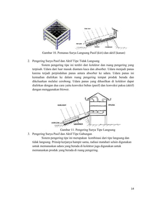 Gambar 10. Pemanas Surya Langsung Pasif (kiri) dan aktif (kanan)

2. Pengering Surya Pasif dan Aktif Tipe Tidak Langsung
           Sistem pengering tipe ini terdiri dari kolektor dan ruang pengering yang
   terpisah. Udara dari luar masuk diantara kaca dan absorber. Udara menjadi panas
   karena terjadi perpindahan panas antara absorber ke udara. Udara panas ini
   kemudian dialirkan ke dalam ruang pengering tempat produk berada dan
   dikeluarkan melalui cerobong. Udara panas yang dihasilkan di kolektor dapat
   dialirkan dengan dua cara yaitu konveksi bebas (pasif) dan konveksi paksa (aktif)
   dengan menggunakan blower.




                          Gambar 11. Pengering Surya Tipe Langsung
3. Pengering Surya Pasif dan Aktif Tipe Gabungan
           Sistem pengering tipe ini merupakan kombinasi dari tipe langsung dan
   tidak langsung. Prinsip kerjanya hampir sama, radiasi matahari selain digunakan
   untuk memanaskan udara yang berada di kolektor juga digunakan untuk
   memanaskan produk yang berada di ruang pengering.




                                                                                 14
 
