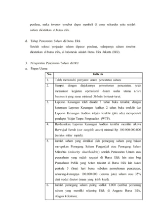 perdana, maka investor tersebut dapat membeli di pasar sekunder yaitu setelah
saham dicatatkan di bursa efek.
d. Tahap Pencatatan Saham di Bursa Efek
Setelah selesai penjualan saham dipasar perdana, selanjutnya saham tersebut
dicatatkan di bursa efek, di Indonesia adalah Bursa Efek Jakarta (BEJ).
3. Persyaratan Pencatatan Saham di BEJ
a. Papan Utama
No. Kriteria
1. Telah memenuhi persyarat umum pencatatan saham.
2. Sampai dengan diajukannya permohonan pencatatan, telah
melakukan kegiatan operasional dalam usaha utama (core
business) yang sama minimal 36 buln berturut-turut.
3. Laporan Keuangan telah diaudit 3 tahun buku terakhir, dengan
ketentuan Laporan Keuangan Auditan 2 tahun buku terakhir dan
Laporan Keuangan Auditan interim terakhir (jika ada) memperoleh
pendapat Wajar Tanpa Pengcualian (WTP).
4. Berdasarkan Laporan Keuangan Auditan terakhir memiliki Aktiva
Berwujud Bersih (net tangible asset) minimal Rp 100.000.000.000
(seratus miliar rupiah).
5. Jumlah saham yang dimilikai oleh pemegang saham yang bukan
merupakan Pemegang Saham Pengendali atau Pemegang Saham
Minoritas (minority shareholders) setelah Penawaran Umum atau
perusahaan yang sudah tercatat di Bursa Efek lain atau bagi
Perusahaan Publik yang belum tercatat di Bursa Efek lain dalam
periode 5 (lima) hari bursa sebelum permohonan pencatatan,
sekurang-kurangnya 100.000.000 (seratus juta) saham atau 35%
dari modal disetor (mana yang lebih kecil).
6. Jumlah pemegang saham paling sedikit 1.000 (seribu) pemenang
saham yang memiliki rekening Efek di Anggota Bursa Efek,
dengan ketentuan;
 