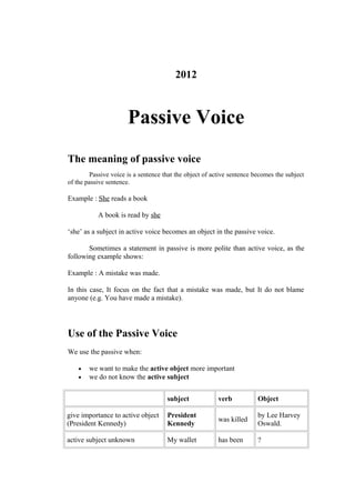 2012
Passive Voice
The meaning of passive voice
Passive voice is a sentence that the object of active sentence becomes the subject
of the passive sentence.
Example : She reads a book
A book is read by she
‘she’ as a subject in active voice becomes an object in the passive voice.
Sometimes a statement in passive is more polite than active voice, as the
following example shows:
Example : A mistake was made.
In this case, It focus on the fact that a mistake was made, but It do not blame
anyone (e.g. You have made a mistake).
Use of the Passive Voice
We use the passive when:
• we want to make the active object more important
• we do not know the active subject
subject verb Object
give importance to active object
(President Kennedy)
President
Kennedy
was killed
by Lee Harvey
Oswald.
active subject unknown My wallet has been ?
 