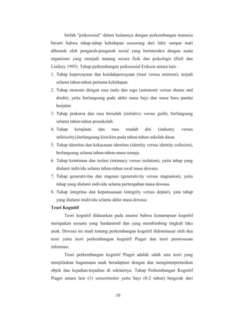 Istilah “psikososial” dalam kaitannya dengan perkembangan manusia
berarti bahwa tahap-tahap kehidupan seseorang dari lahir sampai mati
dibentuk oleh pengaruh-pengaruh sosial yang berinteraksi dengan suatu
organisme yang menjadi matang secara fisik dan psikologis (Hall dan
Lindzey 1993). Tahap perkembangan psikososial Erikson antara lain :
1. Tahap kepercayaan dan ketidakpercayaan (trust versus mistrust), terjadi
selama tahun-tahun pertama kehidupan.
2. Tahap otonomi dengan rasa malu dan ragu (autonomi versus shame and
doubt), yaitu berlangsung pada akhir masa bayi dan masa baru pandai
berjalan
3. Tahap prakarsa dan rasa bersalah (initiative versus guilt), berlangsung
selama tahun-tahun prasekolah.
4. Tahap kerajinan dan rasa rendah diri (industry versus
inferiority),berlangsung kira-kira pada tahun-tahun sekolah dasar.
5. Tahap identitas dan kekacauan identitas (identity versus identity cofusion),
berlangsung selama tahun-tahun masa remaja.
6. Tahap keintiman dan isolasi (intimacy versus isolation), yaitu tahap yang
dialami individu selama tahun-tahun awal masa dewasa.
7. Tahap generativitas dan stagnasi (generativity versus stagnation), yaitu
tahap yang dialami individu selama pertengahan masa dewasa.
8. Tahap integritas dan keputusasaan (integrity versus depair), yatu tahap
yang dialami inidividu selama akhir masa dewasa.
Teori Kognitif
Teori kognitif didasarkan pada asumsi bahwa kemampuan kognitif
merupakan sesuatu yang fundamentl dan yang membimbing tingkah laku
anak. Dewasa ini studi tentang perkembangan kognitif didominasai oleh dua
teori yaitu teori perkembangan kognitif Piaget dan teori pemrosesan
informasi.
Teori perkembangan kognitif Piaget adalah salah satu teori yang
menjelaskan bagaimana anak beradaptasi dengan dan menginterpretasikan
objek dan kejadian-kejadian di sekitarnya. Tahap Perkembangan Kognitif
Piaget antara lain (1) sensorimotor yaitu bayi (0-2 tahun) bergerak dari
10
 