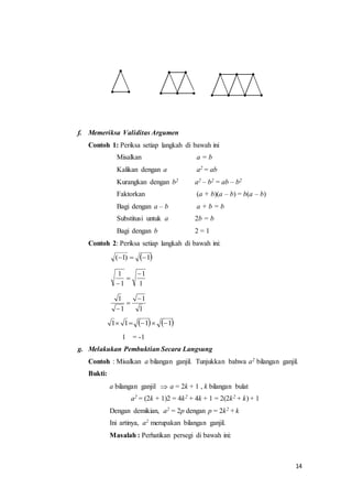 14 
f. Memeriksa Validitas Argumen 
Contoh 1: Periksa setiap langkah di bawah ini 
Misalkan a = b 
Kalikan dengan a a2 = ab 
Kurangkan dengan b2 a2 – b2 = ab – b2 
Faktorkan (a + b)(a – b) = b(a – b) 
Bagi dengan a – b a + b = b 
Substitusi untuk a 2b = b 
Bagi dengan b 2 = 1 
Contoh 2: Periksa setiap langkah di bawah ini: 
(1)  1 
1 
1  
1 
1 
 
 
1 
1  
1 
1 
 
 
1 1 1 1 
1 = -1 
g. Melakukan Pembuktian Secara Langsung 
Contoh : Misalkan a bilangan ganjil. Tunjukkan bahwa a2 bilangan ganjil. 
Bukti: 
a bilangan ganjil  a = 2k + 1 , k bilangan bulat 
a2 = (2k + 1)2 = 4k2 + 4k + 1 = 2(2k2 + k) + 1 
Dengan demikian, a2 = 2p dengan p = 2k2 + k 
Ini artinya, a2 merupakan bilangan ganjil. 
Masalah : Perhatikan persegi di bawah ini: 
 