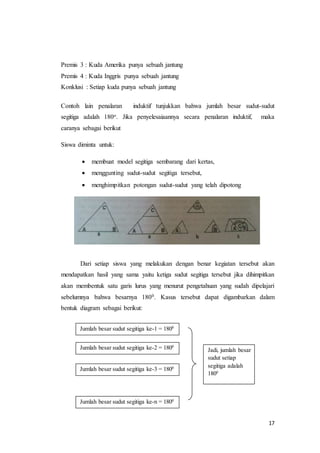 17 
Premis 3 : Kuda Amerika punya sebuah jantung 
Premis 4 : Kuda Inggris punya sebuah jantung 
Konklusi : Setiap kuda punya sebuah jantung 
Contoh lain penalaran induktif tunjukkan bahwa jumlah besar sudut-sudut 
segitiga adalah 180o. Jika penyelesaiaannya secara penalaran induktif, maka 
caranya sebagai berikut 
Siswa diminta untuk: 
 membuat model segitiga sembarang dari kertas, 
 menggunting sudut-sudut segitiga tersebut, 
 menghimpitkan potongan sudut-sudut yang telah dipotong 
Dari setiap siswa yang melakukan dengan benar kegiatan tersebut akan 
mendapatkan hasil yang sama yaitu ketiga sudut segitiga tersebut jika dihimpitkan 
akan membentuk satu garis lurus yang menurut pengetahuan yang sudah dipelajari 
sebelumnya bahwa besarnya 1800. Kasus tersebut dapat digambarkan dalam 
bentuk diagram sebagai berikut: 
Jumlah besar sudut segitiga ke-1 = 1800 
Jumlah besar sudut segitiga ke-2 = 1800 
Jumlah besar sudut segitiga ke-3 = 1800 
Jumlah besar sudut segitiga ke-n = 1800 
Jadi, jumlah besar 
sudut setiap 
segitiga adalah 
1800 
 