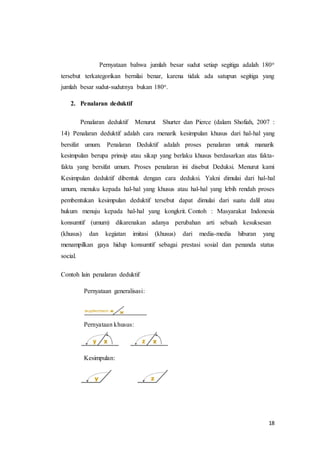 Pernyataan bahwa jumlah besar sudut setiap segitiga adalah 180o 
tersebut terkategorikan bernilai benar, karena tidak ada satupun segitiga yang 
jumlah besar sudut-sudutnya bukan 180o. 
18 
2. Penalaran deduktif 
Penalaran deduktif Menurut Shurter dan Pierce (dalam Shofiah, 2007 : 
14) Penalaran deduktif adalah cara menarik kesimpulan khusus dari hal-hal yang 
bersifat umum. Penalaran Deduktif adalah proses penalaran untuk manarik 
kesimpulan berupa prinsip atau sikap yang berlaku khusus berdasarkan atas fakta-fakta 
yang bersifat umum. Proses penalaran ini disebut Deduksi. Menurut kami 
Kesimpulan deduktif dibentuk dengan cara deduksi. Yakni dimulai dari hal-hal 
umum, menuku kepada hal-hal yang khusus atau hal-hal yang lebih rendah proses 
pembentukan kesimpulan deduktif tersebut dapat dimulai dari suatu dalil atau 
hukum menuju kepada hal-hal yang kongkrit. Contoh : Masyarakat Indonesia 
konsumtif (umum) dikarenakan adanya perubahan arti sebuah kesuksesan 
(khusus) dan kegiatan imitasi (khusus) dari media-media hiburan yang 
menampilkan gaya hidup konsumtif sebagai prestasi sosial dan penanda status 
social. 
Contoh lain penalaran deduktif 
Pernyataan generalisasi: 
Pernyataan khusus: 
Kesimpulan: 
 