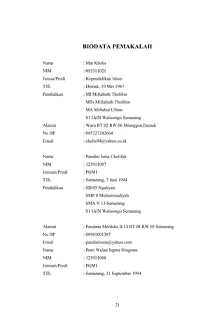 BIODATA PEMAKALAH
Nama : Mat Kholis
NIM : 093311021
Jurusa/Prodi : Kependidikan Islam
TTL : Demak, 10 Mei 1987
Pendidikan : MI Miftahuth Tholibin
MTs Miftahuth Tholibin
MA Miftahul Ullum
S1 IAIN Walisongo Semarang
Alamat : Waru RT 02 RW 06 Mranggen,Demak
No HP : 085727242664
Email : cholis94@yahoo.co.id
Nama : Pandini Isma Cholifah
NIM : 123911087
Jurusan/Prodi : PGMI
TTL : Semarang, 7 Juni 1994
Pendidikan : SD 05 Ngaliyan
SMP 8 Muhammadiyah
SMA N 13 Semarang
S1 IAIN Walisongo Semarang
Alamat : Pandana Merdeka B.14 RT 08 RW 03 Semarang
No HP : 08981601387
Email : pandiniisma@yahoo.com
Nama : Putri Wulan Septia Ningrum
NIM : 123911088
Jurusan/Prodi : PGMI
TTL : Semarang, 11 September 1994
21
 
