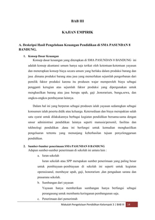 BAB III


                                 KAJIAN EMPIRIK


A. Deskripsi Hasil Pengelolaan Keuangan Pendidikan di SMA PASUNDAN 8
BANDUNG.
  1. Konsep Dasar Keuangan
        Konsep dasar keuangan yang diterapkan di SMA PASUNDAN 8 BANDUNG ini
     adalah konsep akuntansi umum hanya saja terikat oleh ketentuan-ketentuan yayasan
     dan menerapkan konsep biaya secara umum yang berlaku dalam produksi barang dan
     jasa .dimana produksi barang atau jasa yang memerlukan sejumlah pengorbanan dari
     pemilik faktor produksi karena itu produsen wajar memperoleh biaya sebagai
     pengganti kerugian atas sejumlah faktor produksi yang dipergunakan untuk
     menghasilkan barang atau jasa berupa upah, gaji ,honorarium, bunga,sewa, dan
     ongkos-ongkos pembayaran lainnya.

        Dalam hal ini yang berperan sebagai produsen ialah yayasan sedanngkan sebagai
     konsumen ialah peserta didik atau keluarga. Ketersediaan dan biaya merupakian salah
     satu syarat untuk dilakukannya berbagai kegiatan pendidikan bersama-sama dengan
     unsur administrasi pendidikan lainnya seperti manusiapersonil, fasilitas dan
     tekhnologi pendidikan .dana ini berfungsi untuk kemudian menghasiilkan
     pengeluaran tertentu      yang menunjang keberhasilan tujuan penyelenggaraan
     pendidikan.

  2. Sumber-Sumber penerimaan SMA PASUNDAN 8 BANDUNG
     Adapun sumber-sumber penerimaan di sekolah ini antara lain :
            a. Iuran sekolah
               Iuran sekolah atau SPP merupakan sumber penerimaan yang paling besar
            untuk pembiayaan–pembiayaan di sekolah ini seperti untuk kegiatan
            operasioanal, membayar upah, gaji, honorarium ,dan pengadaan sarana dan
            prasarana sekolah.
            b. Sumbangan dari yayasan
               Yayasan hanya memberikan sumbangan hanya berfungsi sebagai
               perangasang untuk membantu keringanan pembangunan saja.
            c. Penerimaan dari pemerintah
                                 Makalah Pengelolaan Pendidikan Kelompok 3 | BAB III   14
 