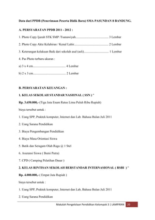 Data dari PPDB (Penerimaan Peserta Didik Baru) SMA PASUNDAN 8 BANDUNG.

A. PERSYARATAN PPDB 2011 - 2012 :

1. Photo Copy Ijazah STK SMP /Tsanawiyah.......................................... 3 Lembar

2. Photo Copy Akte Kelahiran / Kenal Lahir............................................ 2 Lembar

3. Keterangan kelakuan Baik dari sekolah asal (asli)................................ 1 Lembar

4. Pas Photo terbaru ukuran :

a) 3 x 4 cm.......................................... 4 Lembar

b) 2 x 3 cm.......................................... 2 Lembar



B. PERSYARATAN KEUANGAN :

1. KELAS SEKOLAH STANDAR NASIONAL ( SSN ) "

Rp. 3.650.000,- (Tiga Juta Enam Ratus Lima Puluh Ribu Rupiah)

biaya tersebut untuk :

1. Uang SPP, Praktek komputer, Internet dan Lab. Bahasa Bulan Juli 2011

2. Uang Sarana Pendidikan

3. Biaya Pengembangan Pendidikan

4. Biaya Masa Orientasi Siswa

5. Batik dan Seragam Olah Raga @ 1 Stel

6. Asuransi Siswa ( Bumi Putra)

7. CPD ( Camping Pelatihan Dasar )

2. KELAS RINTISAN SEKOLAH BERSTANDAR INTERNASIONAL ( RSBI ) "

Rp. 4.000.000,- ( Empat Juta Rupiah )

biaya tersebut untuk :

1. Uang SPP, Praktek komputer, Internet dan Lab, Bahasa Bulan Juli 2011

2. Uang Sarana Pendidikan

                                      Makalah Pengelolaan Pendidikan Kelompok 3 | LAMPIRAN        20
 
