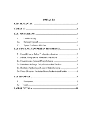 DAFTAR ISI
KATA PENGANTAR ....................................................................................... i
DAFTAR ISI ......................................................................................................ii
BAB I PENDAHULUAN ...................................................................................1
1.1. Latar Belakang ..................................................................................1
1.2. Rumusan Masalah.............................................................................1
1.3. Tujuan Pembuatan Makalah..............................................................1
BAB II HASIL WAWANCARADAN PEMBAHASAN ................................... 2
2.1. Fungsi Keluarga Dalam Pembentukan Karakter ....................................2
2.2. Peran Keluarga Dalam Pembentukan Karakter ......................................2
2.3. Pengembangan Karakter Dalam Keluarga ..............................................3
2.4. Pendekatan Keluarga Dalam Pembentukan Karakter ..............................3
2.5. Hambatan Pembentukan Karakter Dalam Keluarga ...............................3
2.6. Upaya Mengatasi Hambatan Dalam Pembentukan Karakter .................4
BAB III PENUTUP ............................................................................................5
3.1 Kesimpulan........................................................................................5
3.2 Saran..................................................................................................5
DAFTAR PUSTAKA ........................................................................................iii
 