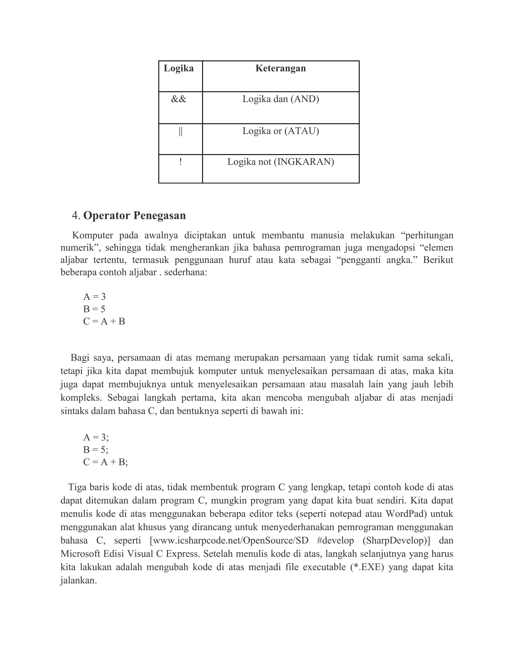 Logika Keterangan
&& Logika dan (AND)
|| Logika or (ATAU)
! Logika not (INGKARAN)
4. Operator Penegasan
Komputer pada awalnya diciptakan untuk membantu manusia melakukan “perhitungan
numerik”, sehingga tidak mengherankan jika bahasa pemrograman juga mengadopsi “elemen
aljabar tertentu, termasuk penggunaan huruf atau kata sebagai “pengganti angka.” Berikut
beberapa contoh aljabar . sederhana:
A = 3
B = 5
C = A + B
Bagi saya, persamaan di atas memang merupakan persamaan yang tidak rumit sama sekali,
tetapi jika kita dapat membujuk komputer untuk menyelesaikan persamaan di atas, maka kita
juga dapat membujuknya untuk menyelesaikan persamaan atau masalah lain yang jauh lebih
kompleks. Sebagai langkah pertama, kita akan mencoba mengubah aljabar di atas menjadi
sintaks dalam bahasa C, dan bentuknya seperti di bawah ini:
A = 3;
B = 5;
C = A + B;
Tiga baris kode di atas, tidak membentuk program C yang lengkap, tetapi contoh kode di atas
dapat ditemukan dalam program C, mungkin program yang dapat kita buat sendiri. Kita dapat
menulis kode di atas menggunakan beberapa editor teks (seperti notepad atau WordPad) untuk
menggunakan alat khusus yang dirancang untuk menyederhanakan pemrograman menggunakan
bahasa C, seperti [www.icsharpcode.net/OpenSource/SD #develop (SharpDevelop)] dan
Microsoft Edisi Visual C Express. Setelah menulis kode di atas, langkah selanjutnya yang harus
kita lakukan adalah mengubah kode di atas menjadi file executable (*.EXE) yang dapat kita
jalankan.
 