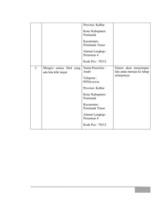 Provinsi: Kalbar
Kota/ Kabupaten:
Pontianak
Kecamatan :
Pontianak Timur
Alamat Lengkap :
Perumnas 4
Kode Pos : 78312
3. Mengisi semua filed yang
ada lalu klik lanjut
Nama Penerima :
Andri
Telepone :
0856xxxxxx
Provinsi: Kalbar
Kota/ Kabupaten:
Pontianak
Kecamatan :
Pontianak Timur
Alamat Lengkap :
Perumnas 4
Kode Pos : 78312
Sistem akan menyimpan
lalu anda menuju ke tahap
selanjutnya.
 