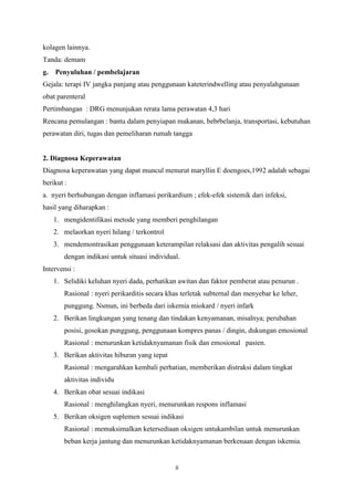 ii
kolagen lainnya.
Tanda: demam
g. Penyuluhan / pembelajaran
Gejala: terapi IV jangka panjang atau penggunaan kateterindwelling atau penyalahgunaan
obat parenteral
Pertimbangan : DRG menunjukan rerata lama perawatan 4,3 hari
Rencana pemulangan : bantu dalam penyiapan makanan, bebrbelanja, transportasi, kebutuhan
perawatan diri, tugas dan pemeliharan rumah tangga
2. Diagnosa Keperawatan
Diagnosa keperawatan yang dapat muncul menurut maryllin E doengoes,1992 adalah sebagai
berikut :
a. nyeri berhubungan dengan inflamasi perikardium ; efek-efek sistemik dari infeksi,
hasil yang diharapkan :
1. mengidentifikasi metode yang memberi penghilangan
2. melaorkan nyeri hilang / terkontrol
3. mendemontrasikan penggunaan keterampilan relaksasi dan aktivitas pengalih sesuai
dengan indikasi untuk situasi individual.
Intervensi :
1. Selidiki keluhan nyeri dada, perhatikan awitan dan faktor pemberat atau penurun .
Rasional : nyeri perikarditis secara khas terletak subternal dan menyebar ke leher,
punggung. Nsmun, ini berbeda dari iskemia miokard / nyeri infark
2. Berikan lingkungan yang tenang dan tindakan kenyamanan, misalnya; perubahan
posisi, gosokan punggung, penggunaan kompres panas / dingin, dukungan emosional
Rasional : menurunkan ketidaknyamanan fisik dan emosional pasien.
3. Berikan aktivitas hiburan yang tepat
Rasional : mengarahkan kembali perhatian, memberikan distraksi dalam tingkat
aktivitas individu
4. Berikan obat sesuai indikasi
Rasional : menghilangkan nyeri, menurunkan respons inflamasi
5. Berikan oksigen suplemen sesuai indikasi
Rasional : memaksimalkan ketersediaan oksigen untukambilan untuk menurunkan
beban kerja jantung dan menurunkan ketidaknyamanan berkenaan dengan iskemia.
 