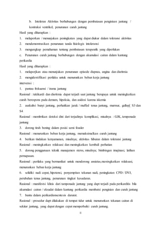 b. Intoleran Aktivitas berhubungan dengan pembatasan pengisisan jantung / 
kontraksi ventrikel, penurunan curah jantung 
Hasil yang diharapkan : 
1. melaporkan / menunjukan peningkatan yang dapat diukur dalam toleransi aktivitas 
2. mendemontrasikan penurunan tanda fisiologis intoleransi 
3. mengungkap pemahaman tentang pembatasan terapeutik yang diperlukan 
c. Penurunan curah jantung berhubungan dengan akumulasi cairan dalam kantung 
perikardia 
Hasil yang diharapkan : 
1. melaporjkan atau menunjukan penurunan episode dispnea, angina dan disritmia 
2. mengidentifikasi perilaku untuk menurunkan beban kerja jantung 
intervensi : 
1. pantau frekuensi / irama jantung 
Rasional : takikardi dan disritmia dapat terjadi saat jantung berupaya untuk meningkatkan 
curah berespons pada demam, hipoksia, dan asidosi karena iskemia 
2. auskultsi bunyi jantung, perhaitkan jarak / muffed tenus jantung, murmur, gallop[ S3 dan 
S4 
Rasional : membrikan deteksi dini dari terjadinya komplikasi, misalnya : GJK, temponade 
jantung 
3. dorong tirah bening dalam posisi semi fousler 
Rasional : menurunkan beban kerja jantung, memaksimalkan curah jantung 
4. berikan tindakan kenyamanan, misalnya; aktivitas hiburan dalam toleransi jantung 
Rasional : meningkatkan relaksasi dan meningkatkan kembali perhatian 
5. dorong penggunaan teknik manajemen sterss, misalnya; bimbingan imajinasi, latihan 
pernapasan. 
Rasional : perilaku yang bermanfaat untuk mendorong ansietas,meningkatkan relaksasi, 
menurunkan beban kerja jantung 
6. selidiki nadi cepat, hipotensi, penyempitan tekanan nadi, peningkatan CPD / DVJ, 
perubahan tenus jantung, penurunan tingkat kesadaran. 
Rasional : manifestsi klinis dari tamponade jantung yang dapt terjadi pada perikarditis bila 
akumulasi cairan / eksudat dalam kantung perikardia membatsi pengisian dan curah jantung 
7. bantu dalam perikardionsentesis darurat. 
Rasional : prosedur dapt dilakukan di tempat tidur untuk menurunkan tekanan cairan di 
sekitar jantung, yang dapat dengan cepat memperbaiki curah jantung. 
ii 
 