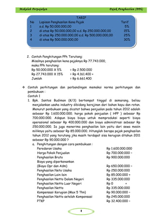 1
Makalah Perpajakan Pajak Penghasilan (PPh)
Jumlah PTKP = Rp 30.375.000
2. Contoh Penghitungan PPh Terutang:
Misalnya penghasilan kena pajaknya Rp 77.743.000,
maka PPh terutang:
Rp 50.000.000 X 5% = Rp 2.500.000
Rp 27.743.000 X 15% = Rp 4.161.400 +
Jumlah = Rp 6.661.400
 Contoh perhitungan dan perbandingan memakai norma perhitungan dan
pembukuan :
Contoh 1
1. Bpk. Santos Budiman (K/3) bertempat tinggal di semarang, beliau
menjalankan usaha industry dibidang kerajinan dari bahan kayu dan rotan.
Menurut penbukuan yang dicatat bahwa penjualan pada tahun 2012 adalah
sebesar Rp 1.600.000.000. harga pokok penjualan ( HPP ) sebesar Rp
700.000.000. Adapun biaya biaya untuk memproduksi seperti biaya
operasional sebesar Rp 400.000.000 dan biaya administrasi sebesar Rp
250.000.000. Ia juga menerima penghasilan lain yaitu dari sewa mesin
miliknya yaitu sebesar Rp 85.000.000. Hitunglah berapa pajak penghasilan
tahun 2012 yang terutang jika masih terdapat sisa kerugian ditahun 2011
sebesar Rp 90.000.000 ?
a. Penghitungan dengan cara pembukuan :
Peredaran Usaha Rp 1.600.000.000
Harga Pokok Penjualan Rp 700.000.000 –
Penghasilan Bruto Rp 900.000.000
Biaya yang diperkenankan
(Biaya Opr dan Adm) Rp 650.000.000 –
Penghasilan Neto Usaha Rp 250.000.000
Penghasilan Lain-lain Rp 85.000.000 +
Penghasilan Netto Dalam Negeri Rp 335.000.000
Penghasilan Netto Luar Negeri Rp 0 +
Penghasilan Netto Rp 335.000.000
Kompensasi Kerugian (Max 5 Thn) Rp 90.000.000 –
Penghasilan Netto setelah Kompensasi Rp 245.000.000
PTKP Rp 32.400.000 –
TARIF
No Lapisan Penghasilan Kena Pajak Tarif
1 s.d. Rp 50.000.000,00 5%
2 di atas Rp 50.000.000,00 s.d. Rp 250.000.000,00 15%
3 di atas Rp 250.000.000,00 s.d. Rp 500.000.000,00 25%
4 di atas Rp 500.000.000,00 30%
TARIF
No Lapisan Penghasilan Kena Pajak Tarif
1 s.d. Rp 50.000.000,00 5%
2 di atas Rp 50.000.000,00 s.d. Rp 250.000.000,00 15%
3 di atas Rp 250.000.000,00 s.d. Rp 500.000.000,00 25%
4 di atas Rp 500.000.000,00 30%
 
