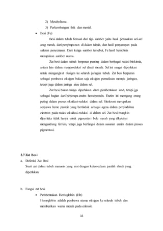 15
2) Metabolisme.
3) Perkembangan fisik dan mental.
 Besi (Fe)
Besi dalam tubuh berasal dari tiga sumber yaitu hasil perusakan sel-sel
arag merah, dari penyimpanan di dalam tubuh, dan hasil penyerapan pada
saluran pencernaan. Dari ketiga sumber tersebut, Fe hasil hemolisis
merupakan sumber utama.
Zat besi dalam tubuh berperan penting dalam berbagai reaksi biokimia,
antara lain dalam memproduksi sel darah merah. Sel ini sangat diperlukan
untuk mengangkut oksigen ke seluruh jaringan tubuh. Zat besi berperan
sebagai pembawa oksigen bukan saja oksigen pernafasan menuju jaringan,
tetapi juga dalam jaringa atau dalam sel.
Zat besi bukan hanya diperlukan dlam pembentukan arah, tetapi jga
sebagai bagian dari beberapa enzim hemoprotein. Enzim ini memgang erang
peting dalam proses oksidasi-reduksi dalam sel. Sitokrom merupakan
senyawa heme protein yang bertindak sebagai agens dalam perpindahan
electron pada reaksi oksidasi-reduksi di dalam sel. Zat besi mungkin
diperluka tidak hanya untuk pigmentasi bulu merah yang diketahui
mengandung ferrum, tetapi juga berfungsi dalam susunan enzim dalam proses
pigmentasi.
2.7 Zat Besi
a. Defenisi Zat Besi
Suati zat dalam tubuh manusia yang erat dengan ketersediaan jumlah darah yang
diperlukan.
b. Fungsi zat besi
 Pembentukan Hemoglobin (Hb)
Hemoglobin adalah pembawa utama oksigen ke seluruh tubuh dan
memberikan warna merah pada eritrosit.
 