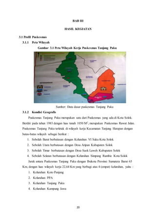 20
BAB III
HASIL KEGIATAN
3.1 Profil Puskesmas
3.1.1 Peta Wilayah
Gambar 3.1 Peta Wilayah Kerja Puskesmas Tanjung Paku
Sumber: Data dasar puskesmas Tanjung Paku
3.1.2 Kondisi Geografis
Puskesmas Tanjung Paku merupakan satu dari Puskesmas yang ada di Kota Solok.
Berdiri pada tahun 1983 dengan luas tanah 1050 M2, merupakan Puskesmas Rawat Jalan.
Puskesmas Tanjung Paku terletak di wilayah kerja Kecamatan Tanjung Harapan dengan
batas-batas wilayah sebagai berikut :
1. Sebelah Barat berbatasan dengan Kelurahan VI Suku Kota Solok
2. Sebelah Utara berbatasan dengan Desa Aripan Kabupaten Solok
3. Sebelah Timur berbatasan dengan Desa Saok Laweh Kabupaten Solok
4. Sebelah Selatan berbatasan dengan Kelurahan Simpang Rumbio Kota Solok
Jarak antara Puskesmas Tanjung Paku dengan Ibukota Provinsi Sumatera Barat 65
Km, dengan luas wilayah kerja 22,64 Km yang berbagi atas 4 (empat) kelurahan, yaitu :
1. Kelurahan Koto Panjang
2. Kelurahan PPA
3. Kelurahan Tanjung Paku
4. Kelurahan Kampung Jawa
 