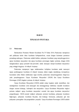 5
BAB II
TINJAUAN PUSTAKA
2.1 Puskesmas
Berdasarkan Peraturan Menteri Kesehatan No.75 Tahun 2014, Puskesmas merupakan
unit pelaksana teknis dinas kesehatan kabupaten/kota, sesuai dengan ketentuan peraturan
perundang-undangan. Puskesmas adalah fasilitas pelayanan kesehatan yang menyelenggarakan
upaya kesehatan masyarakat dan upaya kesehatan perorangan tingkat pertama, dengan lebih
mengutamakan upaya promotif dan preventif, untuk mencapai derajat kesehatan masyarakat
yang setinggi-tingginya di wilayah kerjanya.
Puskesmas mempunyai tugas melaksanakan kebijakan kesehatan untuk mencapai
tujuan pembangunan kesehatan di wilayah kerjanya dalam rangka mendukung terwujudnya
kecamatan sehat. Dalam melaksanan tugas tersebut, puskesmas menyelenggarakan fungsinya
yaitu penyelenggaraan Upaya Kesehatan Masyarakat (UKM) dan Upaya Kesehatan
Perorangan (UKP) tingakat pertama di wilayah kerjanya.
Upaya Kesehatan Masyarakat (UKM) adalah setiap kegiatan untuk memelihara dan
meningkatkan kesehatan serta mencegah dan menanggulangi timbulnya masalah kesehatan
dengan sasaran keluarga, kelompok dan masyarakat. Upaya Kesehatan Masyarakat tingkat
pertama meliputi upaya kesehatan masyarakat esensial dan upaya kesehatan masyarakat
pengembangan. UKM esensial meliputi pelayanan promosi kesehatan, pelayanan kesehatan
lingkungan, pelayanan kesehatan ibu,anak, dan keluarga berencana, pelayanan gizi dan
pelayanan pencegahan dan pengendalian penyakit. Upaya Kesehatan Perorangan (UKP) adalah
 
