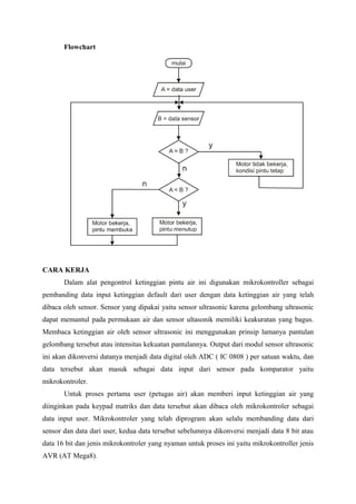 Flowchart
CARA KERJA
Dalam alat pengontrol ketinggian pintu air ini digunakan mikrokontroller sebagai
pembanding data input ketinggian default dari user dengan data ketinggian air yang telah
dibaca oleh sensor. Sensor yang dipakai yaitu sensor ultrasonic karena gelombang ultrasonic
dapat memantul pada permukaan air dan sensor ultasonik memiliki keakuratan yang bagus.
Membaca ketinggian air oleh sensor ultrasonic ini menggunakan prinsip lamanya pantulan
gelombang tersebut atau intensitas kekuatan pantulannya. Output dari modul sensor ultrasonic
ini akan dikonversi datanya menjadi data digital oleh ADC ( IC 0808 ) per satuan waktu, dan
data tersebut akan masuk sebagai data input dari sensor pada komparator yaitu
mikrokontroler.
Untuk proses pertama user (petugas air) akan memberi input ketinggian air yang
diinginkan pada keypad matriks dan data tersebut akan dibaca oleh mikrokontroler sebagai
data input user. Mikrokontroler yang telah diprogram akan selalu membanding data dari
sensor dan data dari user, kedua data tersebut sebelumnya dikonversi menjadi data 8 bit atau
data 16 bit dan jenis mikrokontroler yang nyaman untuk proses ini yaitu mikrokontroller jenis
AVR (AT Mega8).
 