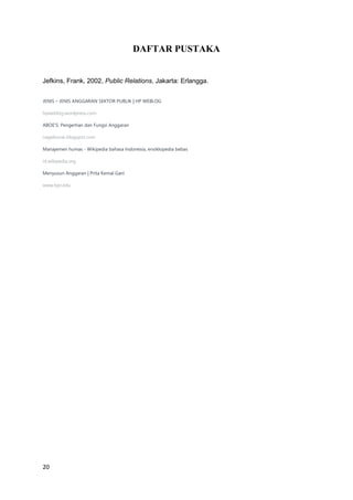 20
DAFTAR PUSTAKA
Jefkins, Frank, 2002, Public Relations, Jakarta: Erlangga.
JENIS – JENIS ANGGARAN SEKTOR PUBLIK | HP WEBLOG
hpweblog.wordpress.com
ABOE'S: Pengertian dan Fungsi Anggaran
nagebonar.blogspot.com
Manajemen humas - Wikipedia bahasa Indonesia, ensiklopedia bebas
id.wikipedia.org
Menyusun Anggaran | Prita Kemal Gani
www.lspr.edu
 