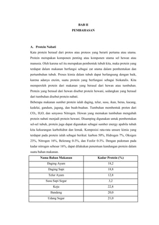 BAB II
PEMBAHASAN
A. Protein Nabati
Kata protein berasal dari protos atau proteos yang berarti pertama atau utama.
Protein merupakan komponen penting atau komponen utama sel hewan atau
manusia. Oleh karena sel itu merupakan pembentuk tubuh kita, maka protein yang
terdapat dalam makanan berfungsi sebagai zat utama dalam pembentukan dan
pertumbuhan tubuh. Proses kimia dalam tubuh dapat berlangsung dengan baik,
karena adanya enzim, suatu protein yang berfungasi sebagai biokatalis. Kita
memperoleh protein dari makanan yang berasal dari hewan atau tumbuhan.
Protein yang berasal dari hewan disebut protein hewani, sedangkan yang berasal
dari tumbuhan disebut protein nabati.
Beberapa makanan sumber protein ialah daging, telur, susu, ikan, beras, kacang,
kedelai, gandum, jagung, dan buah-buahan. Tumbuhan membentuk proten dari
CO2, H2O, dan senyawa Nitrogen. Hewan yang memakan tumbuhan mengubah
protein nabati menjadi protein hewani. Disamping digunakan untuk pembentukan
sel-sel tubuh, protein juga dapat digunakan sebagai sumber energy apabila tubuh
kita kekurangan karbohidrat dan lemak. Komposisi rata-rata unsure kimia yang
terdapat pada protein ialah sebagai berikut: karbon 50%, Hidrogen 7%, Oksigen
23%, Nitrogen 16%, Belerang 0-3%, dan Fosfor 0-3%. Dengan pedoman pada
kadar nitrogen sebesar 16%, dapat dilakukan penentuan kandungan protein dalam
suatu bahan makanan.
Nama Bahan Makanan Kadar Protein (%)
Daging Ayam 18,2
Daging Sapi 18,8
Telur Ayam 12,8
Susu Sapi Segar 3,2
Keju 22,8
Bandeng 20,0
Udang Segar 21,0
 