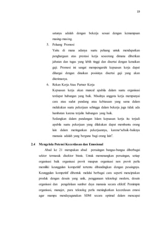 19
satunya adalah dengan bekerja sesuai dengan kemampuan
masing-masing.
5. Peluang Promosi
Yaitu di mana adanya suatu peluang untuk mendapatkan
penghargaan atas prestasi kerja seseorang dimana diberikan
jabatan dan tugas yang lebih tinggi dan disertai dengan kenaikan
gaji. Promosi ini sangat mempengaruhi kepuasan kerja dapat
dihargai dengan dinaikan posisinya disertai gaji yang akan
diterimanya.
6. Rekan Kerja Atau Partner Kerja
Kepuasan kerja akan muncul apabila dalam suatu organisasi
terdapat hubungan yang baik. Misalnya anggota kerja mempunyai
cara atau sudut pandang atau kebiasaan yang sama dalam
melakukan suatu pekerjaan sehingga dalam bekerja juga tidak ada
hambatan karena terjalin hubungan yang baik.
Sedangkan dalam pandangan Islam kepuasan kerja itu terjadi
apabila suatu pekerjaan yang dilakukan dapat membantu orang
lain dalam meringankan pekerjaannya, karena“sebaik-baiknya
manusia adalah yang berguna bagi orang lain”.
2.4 Mengelola Potensi Kecerdasan dan Emosional
Abad ke 21 merupakan abad persaingan bangsa-bangsa diberbagai
sektor termasuk disektor bisnis. Untuk memenangkan persaingan, setiap
organisasi baik organisasi provit maupun organisasi non provit perlu
memiliki keunggulan kompetitif tertentu dibandingkan dengan pesaingnya.
Keunggulan kompetitif dibentuk melalui berbagai cara seperti menciptakan
produk dengan desain yang unik, penggunaan teknologi modern, desain
organisasi dan pengelolaan sumber daya manusia secara efektif. Pemimpin
organisasi, manajer, para teknolog perlu meningkatkan kecerdasan emosi
agar mampu mendayagunakan SDM secara optimal dalam mencapai
 