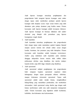 29
Audit laporan keuangan mencakup penghimpunan dan
pengevaluasian bukti mengenai laporan keuangan suatu entitas
dengan tujuan untuk memberikan pendapat apakah laporan
keuangan telah disajikan secara wajar sesuai kriteria yang telah
ditentukan yaitu prinsip akuntansi yang berlaku umum. Ukuran
kesesuaian audit laporan keuangan adalah kewajaran (fairness).
Audit laporan keuangan ini biasanya dilakukan olah auditor
eksternal yang ditunjuk oleh perusahaan yang laporan
keuangannya tengah diaudit.
2. Audit kepatuhan
Audit kepatuhan mencakup penghimpunan dan pengevaluasian
bukti dengan tujuan untuk menentukan apakah kegiatan finansial
maupun operasi tertentu dari sebuah entitas sesuai dengan
kondisi, ketentuan, dan peraturan yang telah ditetapkan. Ukuran
kesesuaian audit kepatuhan adalah ketepatan (correctness).
Auditor yang melakukan audit kepatuhan pada umumnya
dianggap independen karena mereka tidak terlibat dalam
pelaksanaan aktivitas yang diauditnya, dan mereka melapor
kepada otoritas yang lebih tinggi daripada yang diauditnya.
3. Audit operasional
Audit operasional meliputi penghimpunan dan pengevaluasian
bukti mengenai kegiatan operasional organisasi dalam
hubungannya dengan tujuan pencapaian efisiensi, efektivitas,
maupun kehematan (ekonomis) operasional. Tujuan audit
operasional adalah untuk menilai kinerja, mengidentifikasi
bidang-bidang yang memerlukan pembenahan, dan memberikan
rekomendasi. Audit operasional sering disebut juga dengan audit
kinerja (performance audit) atau audit manajemen (management
audit). Ukuran kesesuaian yang digunakan adalah keefisienan,
kefektifan, dan kehematan atau keekonomisan.
 