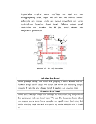 berputar bebas mengikuti putaran roda.Tetapi saat kabel rem atau
batang penghubung ditarik, lengan rem atau tuas rem memutar cam/nok
pada sepatu rem sehingga sepatu rem menjadi mengembang dan kanvas
rem (pirodo)nya bergesekan dengan tromol. Akibatnya putaran tromol
dapat ditahan atau dihentikan, dan ini juga berarti menahan atau
menghentikan putaran roda.
Gambar 17. Cara kerja rem tromol
Kelebihan Rem Tromol
Karena posisinya tertutup, rem tromol tidak gampang di masuki kotoran dari luar.
Kelebihan lainnya adalah kinenja rem tromol lebih lembut dan penampang kampas
rem dapat di buat extra lebar sehingga banyak di gunakan pada kendaraan berat.
Kelemahan Rem Tromol
Karena tidak seluruhnya kampas rem menempel ke tromol roda yang mengakibatkan
daya pengereman pada rem tromol cuma 70% saja. Dan kekurangan lainnya adalah
rem gampang terkena panas karena perangkat rem model tertutup dan jeleknya lagi
apabila menerjang banjir rem tidak akan pakem lagi karena perangakat rem di penuhi
air.
 