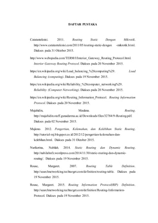 DAFTAR PUSTAKA
Catatanteknisi. 2011. Routing Static Dengan Mikrotik.
http://www.catatanteknisi.com/2011/05/routing-static-dengan -mikrotik.html.
Diakses pada 31 Oktober 2015.
http://www.webopedia.com/TERM/I/Interior_Gateway_Routing_Protocol.html.
Interior Gateway Routing Protocol. Diakses pada 20 November 2015.
https://en.wikipedia.org/wiki/Load_balancing_%28computing%29. Load
Balancing (computing). Diakses pada 19 November 2015.
https://en.wikipedia.org/wiki/Reliability_%28computer_networking%29.
Reliability (Computer Networking). Diakses pada 20 November 2015.
https://en.wikipedia.org/wiki/Routing_Information_Protocol. Routing Information
Protocol. Diakses pada 20 November 2015.
Mujahidin, Maulana. Routing.
http://mujahidin.staff.gunadarma.ac.id/Downloads/files/32784/9-Routing.pdf.
Diakses pada 02 November 2015.
Mujiono. 2012. Pengertian, Kelemahan, dan Kelebihan Static Routing.
http://tutorial-mj.blogspot.co.id/2012/12/pengertian-kelemahan-dan-
kelebihan.html. Diakses pada 31 Oktober 2015.
Nurfazrina, Nabilah. 2014. Static Routing dan Dynamic Routing.
http://nabilahnfz.wordpress.com/2014/11/30/static-routing-dan-dynamic-
routing/. Diakses pada 19 November 2015.
Rouse, Margaret. 2007. Routing Table Definition.
http://searchnetworking.techtarget.com/definition/routing-table. Diakses pada
19 November 2015.
Rouse, Margaret. 2015. Routing Information Protocol(RIP) Definition.
http://searchnetworking.techtarget.com/definition/Routing-Information-
Protocol. Diakses pada 19 November 2015.
 