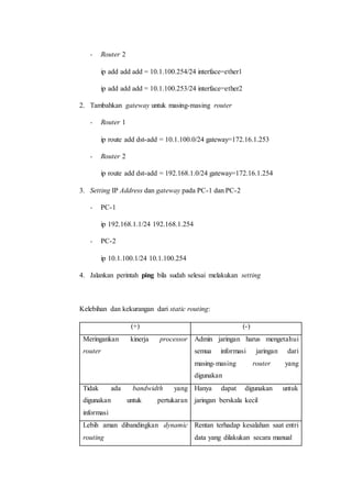 - Router 2
ip add add add = 10.1.100.254/24 interface=ether1
ip add add add = 10.1.100.253/24 interface=ether2
2. Tambahkan gateway untuk masing-masing router
- Router 1
ip route add dst-add = 10.1.100.0/24 gateway=172.16.1.253
- Router 2
ip route add dst-add = 192.168.1.0/24 gateway=172.16.1.254
3. Setting IP Address dan gateway pada PC-1 dan PC-2
- PC-1
ip 192.168.1.1/24 192.168.1.254
- PC-2
ip 10.1.100.1/24 10.1.100.254
4. Jalankan perintah ping bila sudah selesai melakukan setting
Kelebihan dan kekurangan dari static routing:
(+) (-)
Meringankan kinerja processor
router
Admin jaringan harus mengetahui
semua informasi jaringan dari
masing-masing router yang
digunakan
Tidak ada bandwidth yang
digunakan untuk pertukaran
informasi
Hanya dapat digunakan untuk
jaringan berskala kecil
Lebih aman dibandingkan dynamic
routing
Rentan terhadap kesalahan saat entri
data yang dilakukan secara manual
 