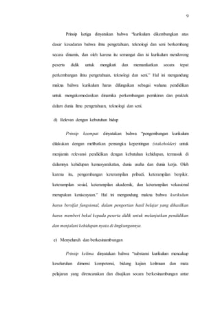 9
Prinsip ketiga dinyatakan bahwa “kurikulum dikembangkan atas
dasar kesadaran bahwa ilmu pengetahuan, teknologi dan seni berkembang
secara dinamis, dan oleh karena itu semangat dan isi kurikulum mendorong
peserta didik untuk mengikuti dan memanfaatkan secara tepat
perkembangan ilmu pengetahuan, teknologi dan seni.” Hal ini mengandung
makna bahwa kurikulum harus difungsikan sebagai wahana pendidikan
untuk mengakomodasikan dinamika perkembangan pemikiran dan praktek
dalam dunia ilmu pengetahuan, teknologi dan seni.
d) Relevan dengan kebutuhan hidup
Prinsip keempat dinyatakan bahwa “pengembangan kurikulum
dilakukan dengan melibatkan pemangku kepentingan (stakeholder) untuk
menjamin relevansi pendidikan dengan kebutuhan kehidupan, termasuk di
dalamnya kehidupan kemasyarakatan, dunia usaha dan dunia kerja. Oleh
karena itu, pengembangan keterampilan pribadi, keterampilan berpikir,
keterampilan sosial, keterampilan akademik, dan keterampilan vokasional
merupakan keniscayaan.” Hal ini mengandung makna bahwa kurikulum
harus bersifat fungsional, dalam pengertian hasil belajar yang dihasilkan
harus memberi bekal kepada peserta didik untuk melanjutkan pendidikan
dan menjalani kehidupan nyata di lingkungannya.
e) Menyeluruh dan berkesinambungan
Prinsip kelima dinyatakan bahwa “substansi kurikulum mencakup
keseluruhan dimensi kompetensi, bidang kajian keilmuan dan mata
pelajaran yang direncanakan dan disajikan secara berkesinambungan antar
 
