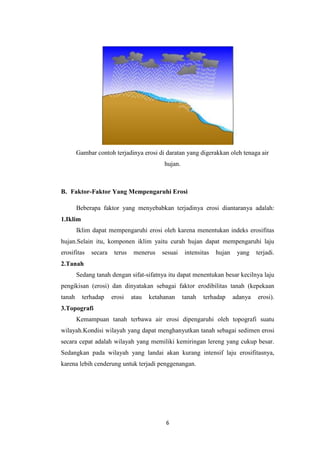 Gambar contoh terjadinya erosi di daratan yang digerakkan oleh tenaga air
                                           hujan.



B. Faktor-Faktor Yang Mempengaruhi Erosi

        Beberapa faktor yang menyebabkan terjadinya erosi diantaranya adalah:
1.Iklim
        Iklim dapat mempengaruhi erosi oleh karena menentukan indeks erosifitas
hujan.Selain itu, komponen iklim yaitu curah hujan dapat mempengaruhi laju
erosifitas   secara    terus   menerus    sesuai    intensitas   hujan    yang    terjadi.
2.Tanah
        Sedang tanah dengan sifat-sifatnya itu dapat menentukan besar kecilnya laju
pengikisan (erosi) dan dinyatakan sebagai faktor erodibilitas tanah (kepekaan
tanah     terhadap    erosi    atau   ketahanan     tanah   terhadap     adanya   erosi).
3.Topografi
        Kemampuan tanah terbawa air erosi dipengaruhi oleh topografi suatu
wilayah.Kondisi wilayah yang dapat menghanyutkan tanah sebagai sedimen erosi
secara cepat adalah wilayah yang memiliki kemiringan lereng yang cukup besar.
Sedangkan pada wilayah yang landai akan kurang intensif laju erosifitasnya,
karena lebih cenderung untuk terjadi penggenangan.




                                           6
 