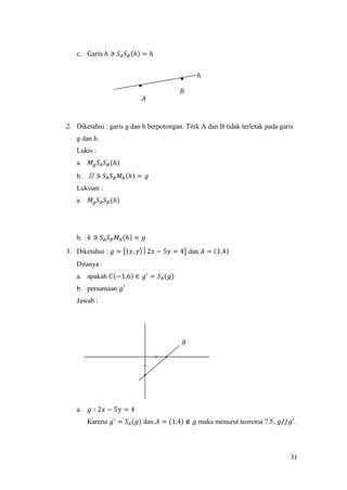 31
c. Garis ℎ ∋ 𝑆𝐴 𝑆 𝐵(ℎ) = ℎ
2. Diketahui : garis g dan h berpotongan. Titik A dan B tidak terletak pada garis
g dan h.
Lukis :
a. 𝑀𝑔 𝑆𝐴 𝑆 𝐵(ℎ)
b. 昰 ∋ 𝑆𝐴 𝑆 𝐵 𝑀ℎ(ℎ) = 𝑔
Lukisan :
a. 𝑀𝑔 𝑆𝐴 𝑆 𝐵(ℎ)
b. 𝑘 ∋ 𝑆𝐴 𝑆 𝐵 𝑀ℎ(ℎ) = 𝑔
3. Diketahui : 𝑔 = {(𝑥, 𝑦)│2𝑥 − 5𝑦 = 4} dan 𝐴 = (1,4)
Ditanya :
a. apakah 𝐶(−1,6) ∈ 𝑔′
= 𝑆𝐴(𝑔)
b. persamaan 𝑔′
Jawab :
a. 𝑔 ∶ 2𝑥 − 5𝑦 = 4
Karena 𝑔′
= 𝑆𝐴(𝑔) dan 𝐴 = (1,4) ∉ 𝑔 maka menurut teorema 7.5, 𝑔//𝑔′.
𝑔
ℎ
𝐵
𝐴
 