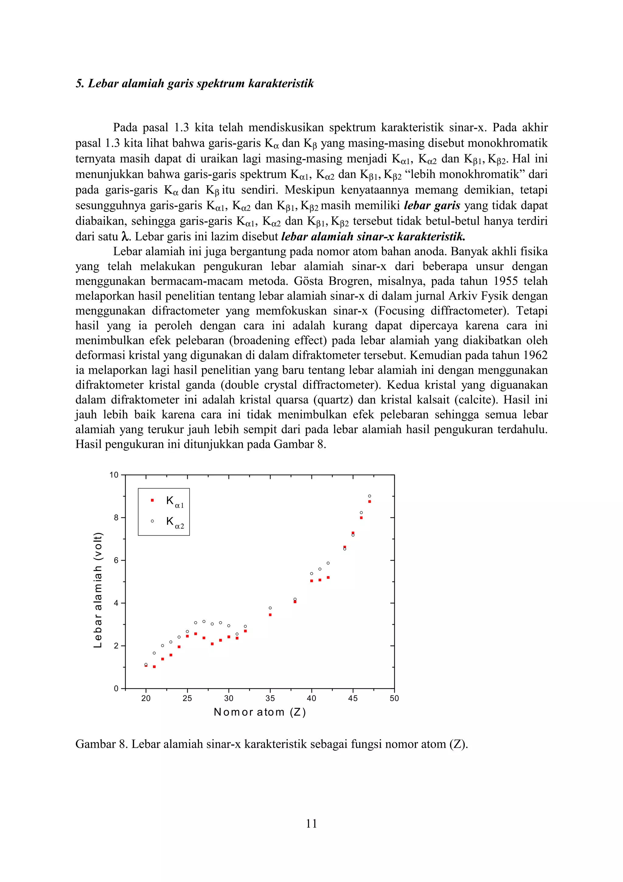 5. Lebar alamiah garis spektrum karakteristik


        Pada pasal 1.3 kita telah mendiskusikan spektrum karakteristik sinar-x. Pada akhir
pasal 1.3 kita lihat bahwa garis-garis Kα dan Kβ yang masing-masing disebut monokhromatik
ternyata masih dapat di uraikan lagi masing-masing menjadi Kα1, Kα2 dan Kβ1, Kβ2. Hal ini
menunjukkan bahwa garis-garis spektrum Kα1, Kα2 dan Kβ1, Kβ2 “lebih monokhromatik” dari
pada garis-garis Kα dan Kβ itu sendiri. Meskipun kenyataannya memang demikian, tetapi
sesungguhnya garis-garis Kα1, Kα2 dan Kβ1, Kβ2 masih memiliki lebar garis yang tidak dapat
diabaikan, sehingga garis-garis Kα1, Kα2 dan Kβ1, Kβ2 tersebut tidak betul-betul hanya terdiri
dari satu λ. Lebar garis ini lazim disebut lebar alamiah sinar-x karakteristik.
        Lebar alamiah ini juga bergantung pada nomor atom bahan anoda. Banyak akhli fisika
yang telah melakukan pengukuran lebar alamiah sinar-x dari beberapa unsur dengan
menggunakan bermacam-macam metoda. Gösta Brogren, misalnya, pada tahun 1955 telah
melaporkan hasil penelitian tentang lebar alamiah sinar-x di dalam jurnal Arkiv Fysik dengan
menggunakan difractometer yang memfokuskan sinar-x (Focusing diffractometer). Tetapi
hasil yang ia peroleh dengan cara ini adalah kurang dapat dipercaya karena cara ini
menimbulkan efek pelebaran (broadening effect) pada lebar alamiah yang diakibatkan oleh
deformasi kristal yang digunakan di dalam difraktometer tersebut. Kemudian pada tahun 1962
ia melaporkan lagi hasil penelitian yang baru tentang lebar alamiah ini dengan menggunakan
difraktometer kristal ganda (double crystal diffractometer). Kedua kristal yang diguanakan
dalam difraktometer ini adalah kristal quarsa (quartz) dan kristal kalsait (calcite). Hasil ini
jauh lebih baik karena cara ini tidak menimbulkan efek pelebaran sehingga semua lebar
alamiah yang terukur jauh lebih sempit dari pada lebar alamiah hasil pengukuran terdahulu.
Hasil pengukuran ini ditunjukkan pada Gambar 8.

                                    10


                                              K α1
                                     8
                                              K α2
   L e b a r a la m ia h (v o lt)




                                     6




                                     4




                                     2




                                     0
                                         20      25     30       35           40   45   50
                                                      N o m o r a to m (Z )

Gambar 8. Lebar alamiah sinar-x karakteristik sebagai fungsi nomor atom (Z).




                                                                          11
 