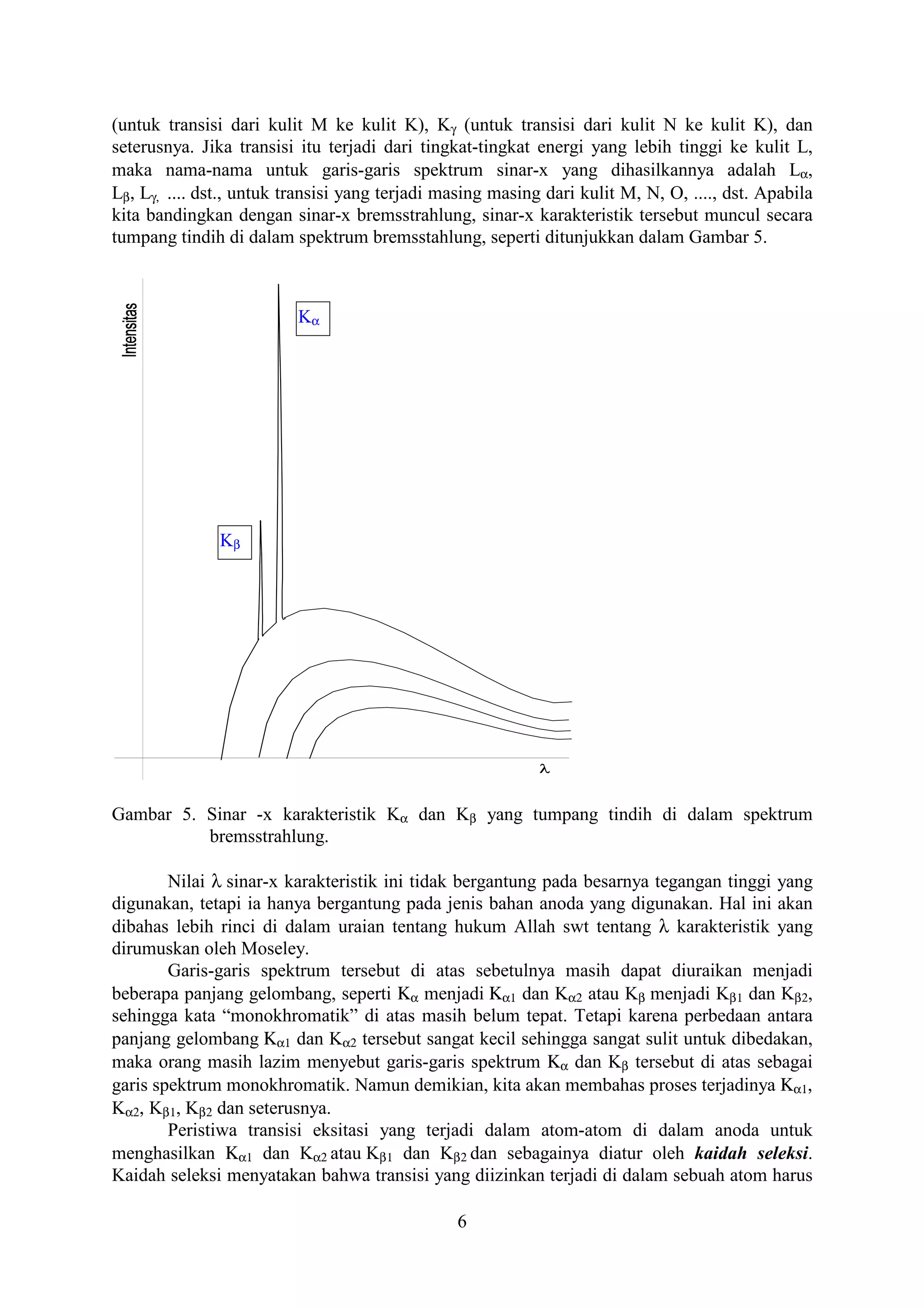 (untuk transisi dari kulit M ke kulit K), Kγ (untuk transisi dari kulit N ke kulit K), dan
seterusnya. Jika transisi itu terjadi dari tingkat-tingkat energi yang lebih tinggi ke kulit L,
maka nama-nama untuk garis-garis spektrum sinar-x yang dihasilkannya adalah Lα,
Lβ, Lγ, .... dst., untuk transisi yang terjadi masing masing dari kulit M, N, O, ...., dst. Apabila
kita bandingkan dengan sinar-x bremsstrahlung, sinar-x karakteristik tersebut muncul secara
tumpang tindih di dalam spektrum bremsstahlung, seperti ditunjukkan dalam Gambar 5.



                          Kα




               Kβ




Gambar 5. Sinar -x karakteristik Kα dan Kβ yang tumpang tindih di dalam spektrum
          bremsstrahlung.

        Nilai λ sinar-x karakteristik ini tidak bergantung pada besarnya tegangan tinggi yang
digunakan, tetapi ia hanya bergantung pada jenis bahan anoda yang digunakan. Hal ini akan
dibahas lebih rinci di dalam uraian tentang hukum Allah swt tentang λ karakteristik yang
dirumuskan oleh Moseley.
        Garis-garis spektrum tersebut di atas sebetulnya masih dapat diuraikan menjadi
beberapa panjang gelombang, seperti Κα menjadi Κα1 dan Kα2 atau Kβ menjadi Kβ1 dan Kβ2,
sehingga kata “monokhromatik” di atas masih belum tepat. Tetapi karena perbedaan antara
panjang gelombang Κα1 dan Kα2 tersebut sangat kecil sehingga sangat sulit untuk dibedakan,
maka orang masih lazim menyebut garis-garis spektrum Κα dan Kβ tersebut di atas sebagai
garis spektrum monokhromatik. Namun demikian, kita akan membahas proses terjadinya Κα1,
Kα2, Kβ1, Kβ2 dan seterusnya.
        Peristiwa transisi eksitasi yang terjadi dalam atom-atom di dalam anoda untuk
menghasilkan Κα1 dan Kα2 atau Kβ1 dan Kβ2 dan sebagainya diatur oleh kaidah seleksi.
Kaidah seleksi menyatakan bahwa transisi yang diizinkan terjadi di dalam sebuah atom harus

                                                6
 