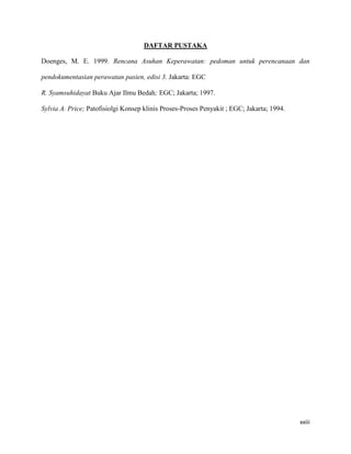 DAFTAR PUSTAKA

Doenges, M. E. 1999. Rencana Asuhan Keperawatan: pedoman untuk perencanaan dan

pendokumentasian perawatan pasien, edisi 3. Jakarta: EGC

R. Syamsuhidayat Buku Ajar Ilmu Bedah; EGC; Jakarta; 1997.

Sylvia A. Price; Patofisiolgi Konsep klinis Proses-Proses Penyakit ; EGC; Jakarta; 1994.




                                                                                           xxiii
 