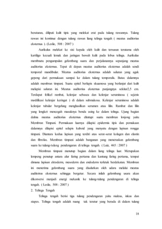 18
beraturan, diliputi kulit tipis yang melekat erat pada tulang rawannya. Tulang
rawan ini kontinue dengan tulang rawan liang telinga tengah ( meatus auditorius
eksternus ). (Leslie, 508 : 2007 )
Aurikulus melekat ke sisi kepala oleh kulit dan tersusun terutama oleh
kartiligo kecuali lemak dan jaringan bawah kulit pada lobus telinga. Aurikulus
membnatu pengumpulan gelombang suara dan perjalanannya sepanjang meatus
auditorius eksternus. Tepat di depan meatus auditorius eksternus adalah sendi
temporal mandibular. Meatus auditorius eksternus adalah saluran yang agak
gepeng dari permukaan sampai ke dalam tulang temporalis. Batas dalamnya
adalah membran timpani. Suatu epitel berlapis skuamosa yang berlanjut dari kulit
melapisi saluran ini. Meatus auditorius eksternus panjangnya sekitar2,5 cm.
Terdapat folikel rambut, kelenjar sebasea dan kelenjar seruminosa ( sejenis
modifikasi kelenjar keringat ) di dalam submukosa. Kelenjar seruminosa adalah
kelenjar tubular bergelung menghasilkan serumen atau lilin. Rambut dan lilin
yang lengket mencegah masuknya benda asing ke dalam telinga. Ujung bagian
dalma meatus auditorius eksternus ditutupi suatu membran lonjong yaitu
Membran Timpani. Permukaan luarnya dilapisi epidermis tipis dan pemukaan
dalamnya dilapisi epitel selapis kuboid yang menyatu dengan lapisan rongga
timpani. Diantara kedua lapisan yang terdiri atas serat-serat kolagen dan elastin
dan fibrolas. Membran timpani adalah bangunan yang meneruskan gelombang
suara ke tulang-tulang pendengaran di telinga tengah. ( Luiz, 465 : 2007 )
Membran timpani menutup bagian dalam liang telinga luar. Merupakan
lempeng penutup antara alur faring pertama dan kantung faring pertama, tempat
dimana lapisan ektoderm, mesoderm dan endoderm terletak berdekatan. Membran
ini menerima gelombang suara yang disalurkan oleh udara melalui meatus
auditoirus eksternus sehingga bergetar. Secara inilah gelombang usara akan
dikonversi menjadi energi mekanik ke tulang-tulang pendengaran di telinga
tengah. ( Leslie, 508 : 2007 )
2. Telinga Tengah
Telinga tengah berisi tiga tulang pendengaran yaitu maleus, inkus dan
stapes. Telinga tengah adalah ruang tak teratur yang berada di dalam tulang
 