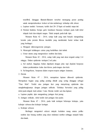 24
tonofibril, dianggap filament-filament tersebut memegang peran penting
untuk mempertahankan kohesi sel dan melindungi terhadap efek abrasi.
c. Lapisan tanduk / korneum, terdiri dari 20- 25 lapis sel tanduk tanpa inti
d. Stratum lusidum, berupa garis translusen biasanya terdapat pada kulit tebal
telapak kaki dan telapak tangan. Tidak tampak pada kulit tipis.
Menurut Reiza 42 : 2014, setiap kulit yang mati banyak mengandung
keratin yaitu protein fibrous insoluble yang membentuk barier terluar kulit
yang berfungsi:
a. Mengusir mikroorganisme patogen.
b. Mencegah kehilangan cairan yang berlebihan dari tubuh.
c. Unsur utama yang mengeraskan rambut dan kuku.
Menurut Reiza 42 : 2014, setiap kulit yang mati akan terganti setiap 3-4
minggu. Dalam epidermis terdapat 2 sel yaitu:
a. Sel merkel, fungsinya belum dipahami dengan jelas tapi diyakini berperan
dalam pembentukan kalus dan klavus pada tangan dan kaki.
b. Sel langerhans, berperan dalam respon-respon antigen kutaneus.
2. Dermis
Menurut Reiza 47 : 2014, merupakan lapisan dibawah epidermis.
Merupakan bagian yang paling penting dikulit yang sering dianggap sebagai
“True Skin”. Terdiri atas jaringan ikat yang menyokong epidermis dan
menghubungkannya dengan jaringan subkutis. Tebalnya bervariasi yang paling
tebal pada telapak kaki sekitar 3 mm. Dermis terdiri sari dua lapisan:
a. Lapisan papiler, tipis mengandung jaringan ikat jarang
b. Jaringan retikuler, tebal terdiri dari jaringan ikat padat.
Menurut Reiza 47 : 2014, pada kulit terdapat beberapa kelenjar, yaitu
kelenjar sebasea dan kelenjar keringat.
a. Kelenjar sebasea
Berfungsi mengontrol sekresi minyak kedalam ruang antara polike
rambut dan batang rambut yang akan melumasi rambut sehingga menjadi halus
dan lunak.
 