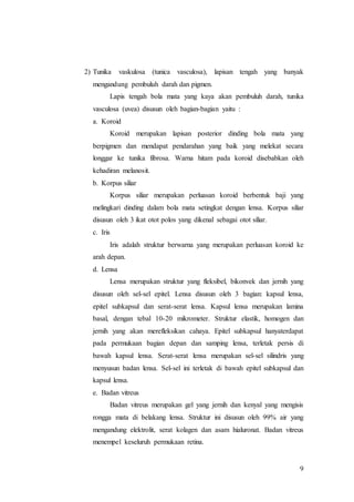 9
2) Tunika vaskulosa (tunica vasculosa), lapisan tengah yang banyak
mengandung pembuluh darah dan pigmen.
Lapis tengah bola mata yang kaya akan pembuluh darah, tunika
vasculosa (uvea) disusun oleh bagian-bagian yaitu :
a. Koroid
Koroid merupakan lapisan posterior dinding bola mata yang
berpigmen dan mendapat pendarahan yang baik yang melekat secara
longgar ke tunika fibrosa. Warna hitam pada koroid disebabkan oleh
kehadiran melanosit.
b. Korpus siliar
Korpus siliar merupakan perluasan koroid berbentuk baji yang
melingkari dinding dalam bola mata setingkat dengan lensa. Korpus siliar
disusun oleh 3 ikat otot polos yang dikenal sebagai otot siliar.
c. Iris
Iris adalah struktur berwarna yang merupakan perluasan koroid ke
arah depan.
d. Lensa
Lensa merupakan struktur yang fleksibel, bikonvek dan jernih yang
disusun oleh sel-sel epitel. Lensa disusun oleh 3 bagian: kapsul lensa,
epitel subkapsul dan serat-serat lensa. Kapsul lensa merupakan lamina
basal, dengan tebal 10-20 mikrometer. Struktur elastik, homogen dan
jernih yang akan merefleksikan cahaya. Epitel subkapsul hanyaterdapat
pada permukaan bagian depan dan samping lensa, terletak persis di
bawah kapsul lensa. Serat-serat lensa merupakan sel-sel silindris yang
menyusun badan lensa. Sel-sel ini terletak di bawah epitel subkapsul dan
kapsul lensa.
e. Badan vitreus
Badan vitreus merupakan gel yang jernih dan kenyal yang mengisis
rongga mata di belakang lensa. Struktur ini disusun oleh 99% air yang
mengandung elektrolit, serat kolagen dan asam hialuronat. Badan vitreus
menempel keseluruh permukaan retina.
 