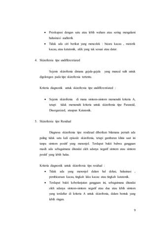 9
 Preokupasi dengan satu atau lebih waham atau sering mengalami
halusinasi auditorik
 Tidak ada ciri berikut yang mencolok : bicara kacau , motorik
kacau, atau katatonik, afek yang tak sesuai atau datar.
4. Skizofrenia tipe undifferentiated
Sejenis skizofrenia dimana gejala-gejala yang muncul sulit untuk
digolongan pada tipe skizofrenia tertentu.
Kriteria diagnostik untuk skizofrenia tipe undifferentiated :
 Sejenis skizofrenia di mana simtom-simtom memenuhi kriteria A,
tetapi tidak memenuhi kriteria untuk skizofrenia tipe Paranoid,
Disorganized, ataupun Katatonik.
5. Skizofrenia tipe Residual
Diagnosa skizofrenia tipe resideual diberikan bilamana pernah ada
paling tidak satu kali episode skizofrenia, tetapi gambaran klinis saat ini
tanpa simtom positif yang menonjol. Terdapat bukti bahwa gangguan
masih ada sebagaimana ditandai oleh adanya negatif simtom atau simtom
positif yang lebih halus.
Kriteria diagnostik untuk skizofrenia tipe residual :
 Tidak ada yang menonjol dalam hal delusi, halusinasi ,
pembicaraan kacau, tingkah laku kacau atau tingkah katatonik.
 Terdapat bukti keberlanjutan gangguan ini, sebagaimana ditandai
oleh adanya simtom-simtom negatif atau dua atau lebih simtom
yang terdaftar di kriteria A untuk skizofrenia, dalam bentuk yang
lebih ringan.
 