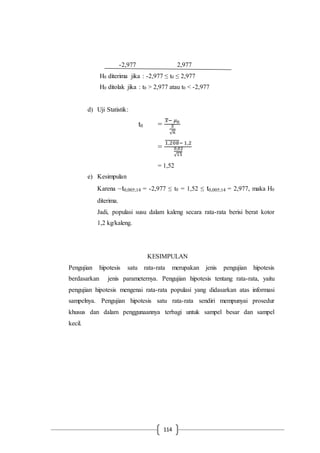 114
-2,977 2,977
H0 diterima jika : -2,977 ≤ t0 ≤ 2,977
H0 ditolak jika : t0 > 2,977 atau t0 < -2,977
d) Uji Statistik:
t0 =
𝑥− 𝜇0
𝑆
√ 𝑛
=
1,208− 1,2
0,02
√15
= 1,52
e) Kesimpulan
Karena –t0,005;14 = -2,977 ≤ t0 = 1,52 ≤ t0,005;14 = 2,977, maka H0
diterima.
Jadi, populasi susu dalam kaleng secara rata-rata berisi berat kotor
1,2 kg/kaleng.
KESIMPULAN
Pengujian hipotesis satu rata-rata merupakan jenis pengujian hipotesis
berdasarkan jenis parameternya. Pengujian hipotesis tentang rata-rata, yaitu
pengujian hipotesis mengenai rata-rata populasi yang didasarkan atas informasi
sampelnya. Pengujian hipotesis satu rata-rata sendiri mempunyai prosedur
khusus dan dalam penggunaannya terbagi untuk sampel besar dan sampel
kecil.
 