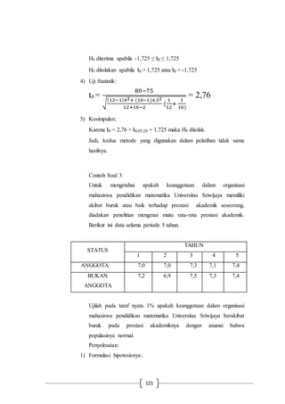 121
H0 diterima apabila -1,725 ≤ t0 ≤ 1,725
H0 ditolakan apabila t0 > 1,725 atau t0 < -1,725
4) Uji Statistik:
t0 =
80−75
√
(12−1)42+ (10−1)4,52
12+10−2
(
1
12
+
1
10)
= 2,76
5) Kesimpulan:
Karena t0 = 2,76 > t0,05;20 = 1,725 maka H0 ditolak.
Jadi, kedua metode yang digunakan dalam pelatihan tidak sama
hasilnya.
Contoh Soal 3:
Untuk mengetahui apakah keanggotaan dalam organisasi
mahasiswa pendidikan matematika Universitas Sriwijaya memiliki
akibat buruk atau baik terhadap prestasi akademik seseorang,
diadakan penelitian mengenai mutu rata-rata prestasi akademik.
Berikut ini data selama periode 5 tahun.
STATUS
TAHUN
1 2 3 4 5
ANGGOTA 7,0 7,0 7,3 7,1 7,4
BUKAN
ANGGOTA
7,2 6,9 7,5 7,3 7,4
Ujilah pada taraf nyata 1% apakah keanggotaan dalam organisasi
mahasiswa pendidikan matematika Universitas Sriwijaya berakibat
buruk pada prestasi akademiknya dengan asumsi bahwa
populasinya normal.
Penyelesaian:
1) Formulasi hipotesisnya:
 