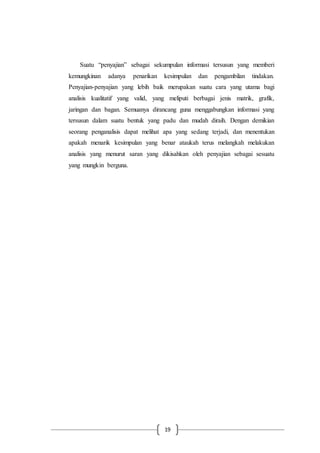 19
Suatu “penyajian” sebagai sekumpulan informasi tersusun yang memberi
kemungkinan adanya penarikan kesimpulan dan pengambilan tindakan.
Penyajian-penyajian yang lebih baik merupakan suatu cara yang utama bagi
analisis kualitatif yang valid, yang meliputi berbagai jenis matrik, grafik,
jaringan dan bagan. Semuanya dirancang guna menggabungkan informasi yang
tersusun dalam suatu bentuk yang padu dan mudah diraih. Dengan demikian
seorang penganalisis dapat melihat apa yang sedang terjadi, dan menentukan
apakah menarik kesimpulan yang benar ataukah terus melangkah melakukan
analisis yang menurut saran yang dikisahkan oleh penyajian sebagai sesuatu
yang mungkin berguna.
 