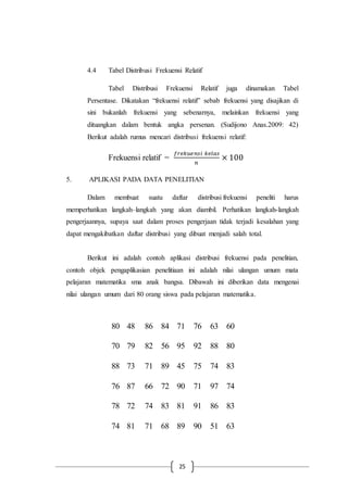25
4.4 Tabel Distribusi Frekuensi Relatif
Tabel Distribusi Frekuensi Relatif juga dinamakan Tabel
Persentase. Dikatakan “frekuensi relatif” sebab frekuensi yang disajikan di
sini bukanlah frekuensi yang sebenarnya, melainkan frekuensi yang
dituangkan dalam bentuk angka persenan. (Sudijono Anas.2009: 42)
Berikut adalah rumus mencari distribusi frekuensi relatif:
Frekuensi relatif =
𝑓𝑟𝑒𝑘𝑢𝑒𝑛𝑠𝑖 𝑘𝑒𝑙𝑎𝑠
𝑛
× 100
5. APLIKASI PADA DATA PENELITIAN
Dalam membuat suatu daftar distribusi frekuensi peneliti harus
memperhatikan langkah–langkah yang akan diambil. Perhatikan langkah-langkah
pengerjaannya, supaya saat dalam proses pengerjaan tidak terjadi kesalahan yang
dapat mengakibatkan daftar distribusi yang dibuat menjadi salah total.
Berikut ini adalah contoh aplikasi distribusi frekuensi pada penelitian,
contoh objek pengaplikasian penelitiaan ini adalah nilai ulangan umum mata
pelajaran matematika sma anak bangsa. Dibawah ini diberikan data mengenai
nilai ulangan umum dari 80 orang siswa pada pelajaran matematika.
80 48 86 84 71 76 63 60
70 79 82 56 95 92 88 80
88 73 71 89 45 75 74 83
76 87 66 72 90 71 97 74
78 72 74 83 81 91 86 83
74 81 71 68 89 90 51 63
 