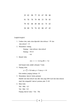 26
Langkah-langkah:
1. Urutkan data, maka akan diperoleh data terbesar = 99 dan
data terkecil = 33
2. Menentukan rentang,
Rentang = data terbesar- data terkecil
Rentang = 99-35
= 66
3. Banyak kelas
(𝑘) = 1 + 3,3 𝑙𝑜𝑔 80 = 7,2
Jadi banyak kelas adalah sebanyak 7 kelas
4. Panjang kelas,
𝑝 =
66
7
= 9,4 maka 𝑝 = 9 atau 𝑝 = 10
Kita tentukan panjang kelasnya 10
5. Menentukan interval (kelas pertama)
Diambil dari data terkecil atau nilai data yang lebih kecil dari data terkecil,
misal kita mengambil interval pertama yaitu 31-40
6. Batas kelas
Tbk = Bbk – 0,5
Tak = Bak + 0,5
Panjang interval kelas = Tak – Tbk
35 82 90 77 93 67 99 80
91 70 70 79 90 33 70 83
79 92 88 49 88 61 75 63
38 80 74 74 82 80 67 65
 