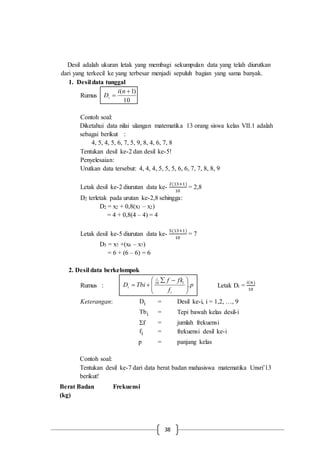 38
Desil adalah ukuran letak yang membagi sekumpulan data yang telah diurutkan
dari yang terkecil ke yang terbesar menjadi sepuluh bagian yang sama banyak.
1. Desil data tunggal
Rumus
10
)1( 

ni
Di
Contoh soal:
Diketahui data nilai ulangan matematika 13 orang siswa kelas VII.1 adalah
sebagai berikut :
4, 5, 4, 5, 6, 7, 5, 9, 8, 4, 6, 7, 8
Tentukan desil ke-2 dan desil ke-5!
Penyelesaian:
Urutkan data tersebut: 4, 4, 4, 5, 5, 5, 6, 6, 7, 7, 8, 8, 9
Letak desil ke-2 diurutan data ke-
2(13+1)
10
= 2,8
D2 terletak pada urutan ke-2,8 sehingga:
D2 = x2 + 0,8(x3 – x2)
= 4 + 0,8(4 – 4) = 4
Letak desil ke-5 diurutan data ke-
5(13+1)
10
= 7
D5 = x7 +(x8 – x7)
= 6 + (6 – 6) = 6
2. Desil data berkelompok
Rumus : p
f
fkf
TbiD
i
i
i
i .10





 
 Letak Di =
𝑖(𝑛)
10
Keterangan: iD = Desil ke-i, i = 1,2, …, 9
iTb = Tepi bawah kelas desil-i
f = jumlah frekuensi
if = frekuensi desil ke-i
p = panjang kelas
Contoh soal:
Tentukan desil ke-7 dari data berat badan mahasiswa matematika Unsri’13
berikut!
Berat Badan
(kg)
Frekuensi
 