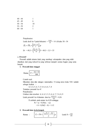 39
Penyelesaian:
Letak desil ke-7 pada frekuensi =
7(20)
10
= 14 di kelas 50 - 54
  pTbD i
i
i
f
fkf
ii .10


D7 = 49,5 + (
7
10
.20−7
10
)5 = 49,5 + 3,5 = 53
c. Persentil
Persentil adalah ukuran letak yang membagi sekumpulan data yang telah
diurutkan dari yang terkecil ke yang terbesar menjadi seratus bagian yang sama
banyak.
1. Persentil data tunggal
Rumus
100
)1( 

ni
Pi
Contoh soal:
Diketahui data nilai ulangan matematika 13 orang siswa kelas VII.1 adalah
sebagai berikut :
4, 5, 4, 5, 6, 7, 5, 9, 8, 4, 6, 7, 8
Tentukan persentil ke-4!
Penyelesaian:
Urutkan data tersebut: 4, 4, 4, 5, 5, 5, 6, 6, 7, 7, 8, 8, 9
Letak persentil ke-4 diurutan data ke-
4(13+1)
100
= 0,56
P4 terletak pada urutan ke-0,56 sehingga:
P4 = x0 + 0,56(x1 – x0)
= 0 + 0,56(2 – 0) = 1.12
2. Persentil data berkelompok
Rumus : p
f
fkf
TbiP
i
i
i
i .100





 
 Letak Pi =
𝑖(𝑛)
100
40 – 44 1
45 – 49 6
50 – 54 10
55 – 59 2
60 – 64 1
 