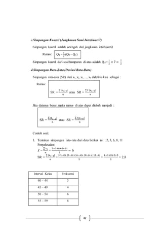 42
c.Simpangan Kuartil (Jangkauan Semi Interkuartil)
Simpangan kuartil adalah setengah dari jangkauan interkuartil.
Rumus:
Simpangan kuartil dari soal hamparan di atas adalah Qd=
1
2
𝑥 7 =
7
2
d.Simpangan Rata-Rata (Deviasi Rata-Rata)
Simpangan rata-rata (SR) dari x1, x2, x3, ..., xn didefinisikan sebagai :
Rumus:
Jika datanya besar, maka rumus di atas dapat diubah menjadi :
Contoh soal:
1. Tentukan simpangan rata-rata dari data berikut ini : 2, 3, 6, 8, 11
Penyelesaian:
𝑥̅ =
∑ 𝑥 𝑖
𝑛
=
2+3+6+8+11
5
= 6
SR =
∑ |xi− x̅|
𝑛
=
|2−6|+ |3−6|+ |6−6|+ |8−6|+ |11−6|
5
=
4+3+0+2+5
5
= 2,8
Interval Kelas Frekuensi
40 – 44 3
45 – 49 4
50 – 54 6
55 – 59 8
Qd =
1
2
(Q3 – Q1)
SR =
∑|xi− x̅|
𝑛
atau SR =
∑f |xi− x̅|
𝑛
SR =
∑|di− d̅|
𝑛
atau SR =
∑f |x− x̅|
𝑛
 