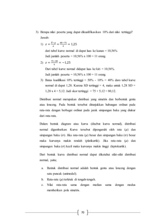 70
3) Berapa nilai peserta yang dapat dikualifikasikan 10% dari nilai tertinggi?
Jawab:
1) 𝑧 =
𝑋̅−𝜇
𝜎
=
80−75
4
= 1,25
dari tabel kurve normal di dapat luas ke kanan = 10,56%
Jadi jumlah peserta = 10,56% x 100 = 11 orang.
2) 𝑧 =
75−80
4
= −1,25
Dari tabel kurve normal didapat luas ke kiri = 10,56%.
Jadi jumlah peserta = 10,56% x 100 = 11 orang.
3) Batas kualifikasi 10% tertinggi = 50% - 10% = 40% daro tabel kurve
normal di dapat 1,28. Karena SD tertinggi = 4, maka untuk 1,28 SD =
1,28 x 4 = 5,12. Jadi skor tertinggi = 75 + 5,12 = 80,12.
Distribusi normal merupakan distribusi yang simetris dan berbentuk genta
atau lonceng. Pada bentuk tersebut ditunjukkan hubungan ordinat pada
rata-rata dengan berbagai ordinat pada jarak simpangan baku yang diukur
dari rata-rata.
Dalam bentuk diagram atau kurva (disebut kurva normal), distribusi
normal digambarkan: Kurva tersebut dipengaruhi oleh rata (𝜇) dan
simpangan baku (𝜎). Jika rata-rata (𝜇) besar dan simpangan baku (𝜎) besar
maka kurvanya makin rendah (platikurtik). Jika rata-rata (𝜇) dan
simpangan baku (𝜎) kecil maka kurvanya makin tinggi (leptokurtik).
Dari bentuk kurva distribusi normal dapat diketahui sifat-sifat distribusi
normal, yaitu;
a. Bentuk distribusi normal adalah bentuk genta atau lonceng dengan
satu puncak (unimodal).
b. Rata-rata (𝜇) terletak di tengah-tengah.
c. Nilai rata-rata sama dengan median sama dengan modus
memberikan pola simetris.
 