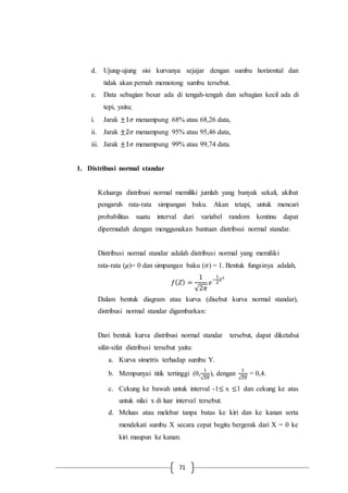 71
d. Ujung-ujung sisi kurvanya sejajar dengan sumbu horizontal dan
tidak akan pernah memotong sumbu tersebut.
e. Data sebagian besar ada di tengah-tengah dan sebagian kecil ada di
tepi, yaitu;
i. Jarak ±1𝜎 menampung 68% atau 68,26 data,
ii. Jarak ±2𝜎 menampung 95% atau 95,46 data,
iii. Jarak ±1𝜎 menampung 99% atau 99,74 data.
1. Distribusi normal standar
Keluarga distribusi normal memiliki jumlah yang banyak sekali, akibat
pengaruh rata-rata simpangan baku. Akan tetapi, untuk mencari
probabilitas suatu interval dari variabel random kontinu dapat
dipermudah dengan menggunakan bantuan distribsui normal standar.
Distribusi normal standar adalah distribusi normal yang memiliki
rata-rata (𝜇)= 0 dan simpangan baku (𝜎) = 1. Bentuk fungsinya adalah,
𝑓( 𝑍) =
1
√2𝜋
𝑒
−
1
2
𝑍2
Dalam bentuk diagram atau kurva (disebut kurva normal standar),
distribusi normal standar digambarkan:
Dari bentuk kurva distribusi normal standar tersebut, dapat diketahui
sifat-sifat distribusi tersebut yaitu:
a. Kurva simetris terhadap sumbu Y.
b. Mempunyai titik tertinggi (0,
1
√2𝜋
), dengan
1
√2𝜋
= 0,4.
c. Cekung ke bawah untuk interval -1≤ x ≤1 dan cekung ke atas
untuk nilai x di luar interval tersebut.
d. Meluas atau melebar tanpa batas ke kiri dan ke kanan serta
mendekati sumbu X secara cepat begitu bergerak dari X = 0 ke
kiri maupun ke kanan.
 